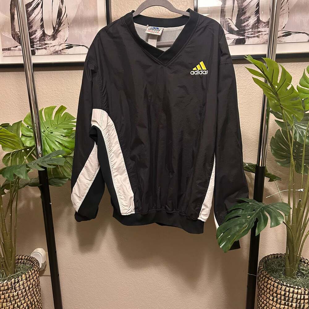 Vintage Adidas V-Neck Pullover Windbreaker Jacket Black White Size M